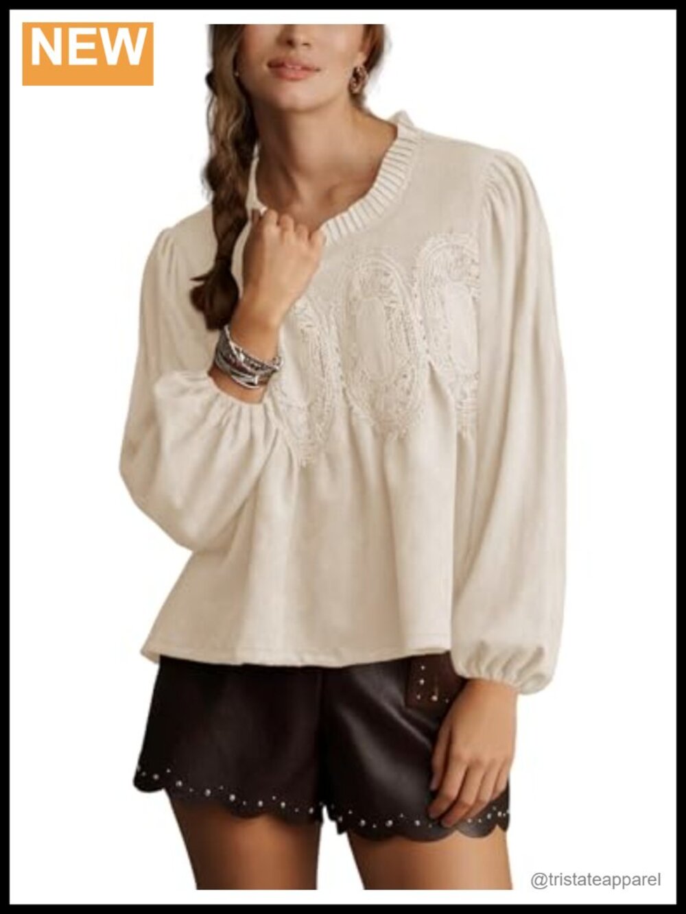 Faux Suede Long Sleeve Lace Blouse Swing Babydoll Top